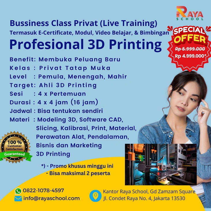 Flyer Pelatihan 3D Printing Profesional Business Class Private Raya School Jakarta